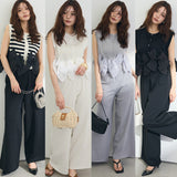 Real Shooting A Large Number Of Four Seasons Can Be Folded Can Wear A Single Female Striped Solid-Colored Bow Top + Women's Broad Pants