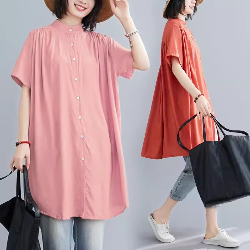 Net Color Temperament Shirt Fat Large Size Women's Clothing Long Coat Short Sleeve Buckle Collar Irregular Sunscreen