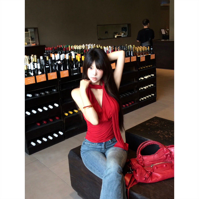 French Temperament Pure Windy Sexy V-Necked Sling Vest Women's Spring And Summer New Slimming Short Top