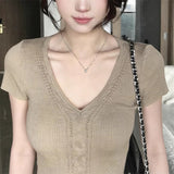 4.1/New In Spring XUAN XIAO JIE Solid Color V-Necked Knitted Short-Sleeved T-Shirt For Women