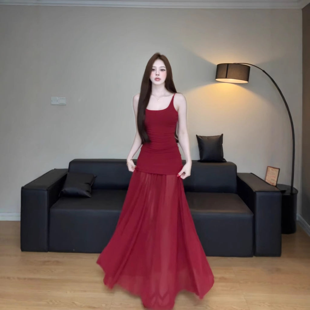 Light Fairy Dress Summer New Cool Art Series Stitching Mesh Knitted Long Skirt