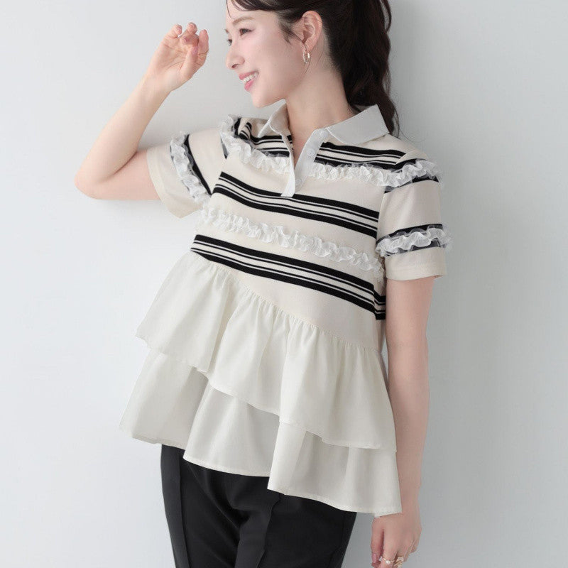 New Summer Cotton Striped Short-Sleeved Splicing Lotus Side Coat Fashion High-End Breathable Top