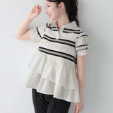 New Summer Cotton Striped Short-Sleeved Splicing Lotus Side Coat Fashion High-End Breathable Top