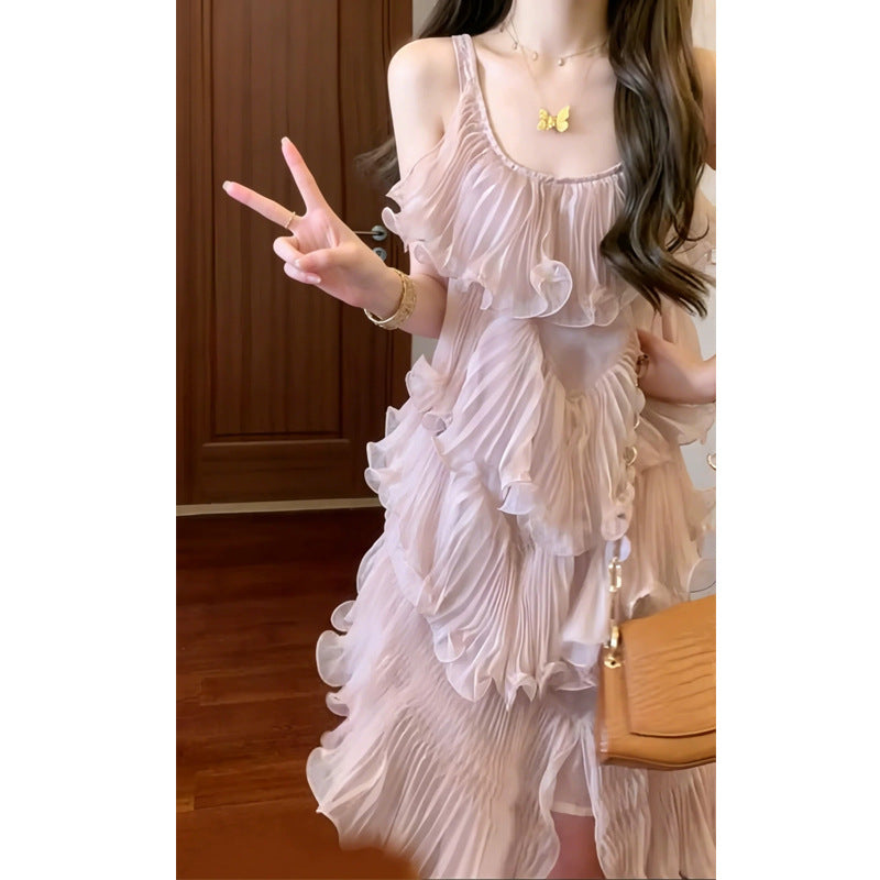 Temperament High-Grade Pressure Folding Heavy-Working Ponn Cake Sling Skirt Design Small Super-Looking Dress 26 Summer