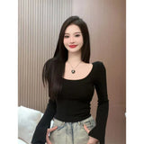 Ins Sexy Babes U Collar Bottomed Long-Sleeved T-Shirt Girl Spring And Autumn Korean Version Of Long-Sleeved T-Shirt Women's Top