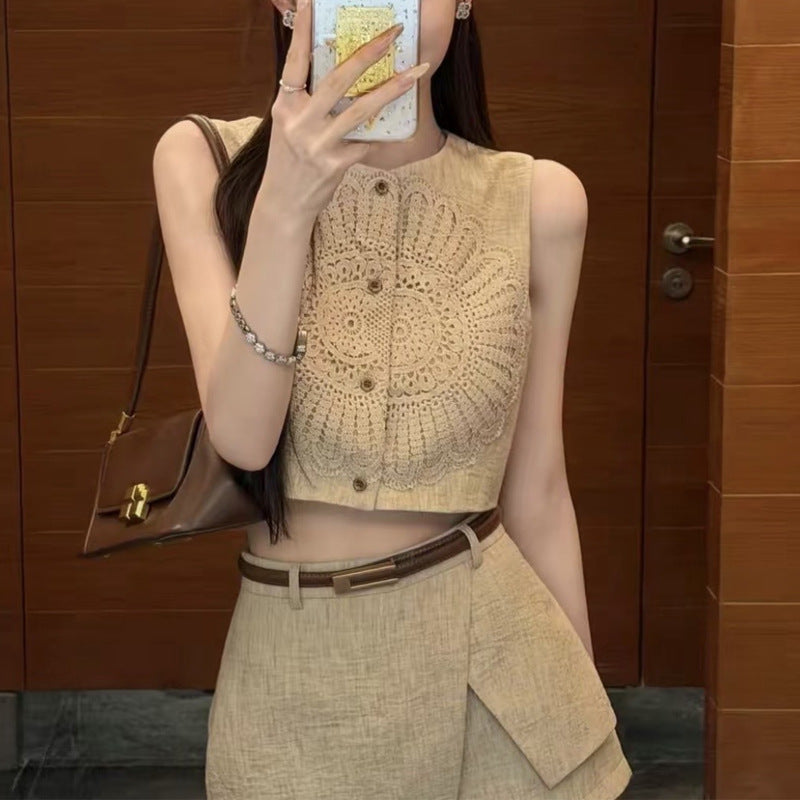Scling Heart Shadow Design Sense Retro Wind Hollow Lace Embroidery Hook Flower Set 2026 Summer Two-Piece Skirt