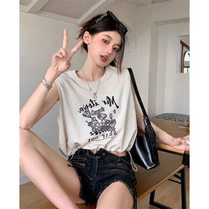 Vintage Babes Shoulderless T-Shirt Girl Summer Small Loose Thin Short Rope Waistcoat