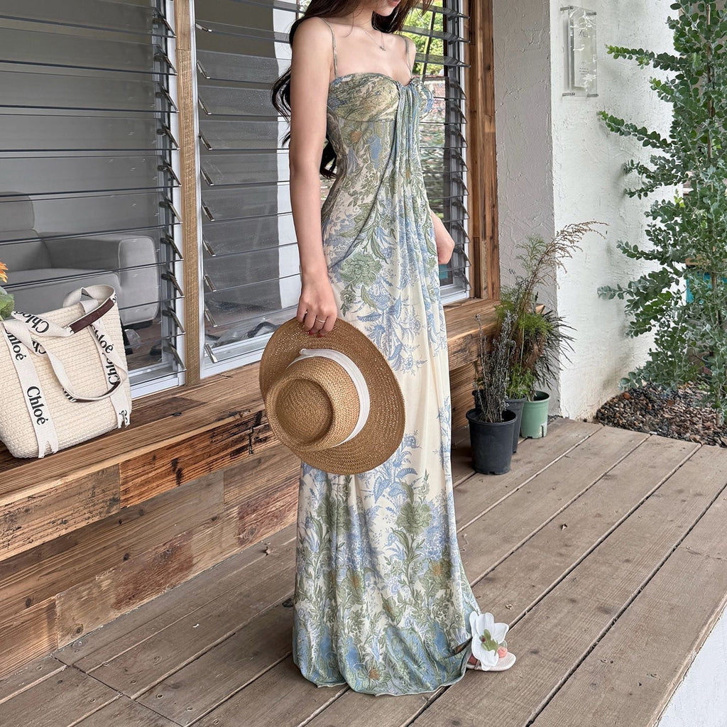 Sexy Beautiful Slings Print Bareback Dress Female Summer Temperament Thin Seaside Wind Bag Hip Dress Long