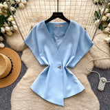 Korean Version Of The Commuter Style V Collar Short Sleeve Loose Shirt Women's Summer Design Sense Of Irregular Cardigan Temperament Tops Niche