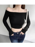 Ins Pure Lusty Umbilly Shoulder-To-Shoulder-Bottom T-Shirt Girl Spring And Autumn Hottie Short-Sleeved Blouse Girl