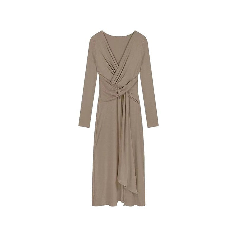French V-Neck Kinky Temperament Thin Bottom Bag Skirt With Long Sleeve Irregular Waist Tender Dress