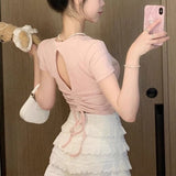 Spice Girls Are Shoulder-Repair Short-Sleeved T-Shirt Girls Summer Design Feeling Back Sicense Sleeve Rope Small Short Blouse Tide