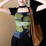 Black-Green Faint Dye Hanging Neck To Receive Waist Repair Slim Thin Short-Sleeved T-Shirt Women 2026 New Summer Design Feel Top