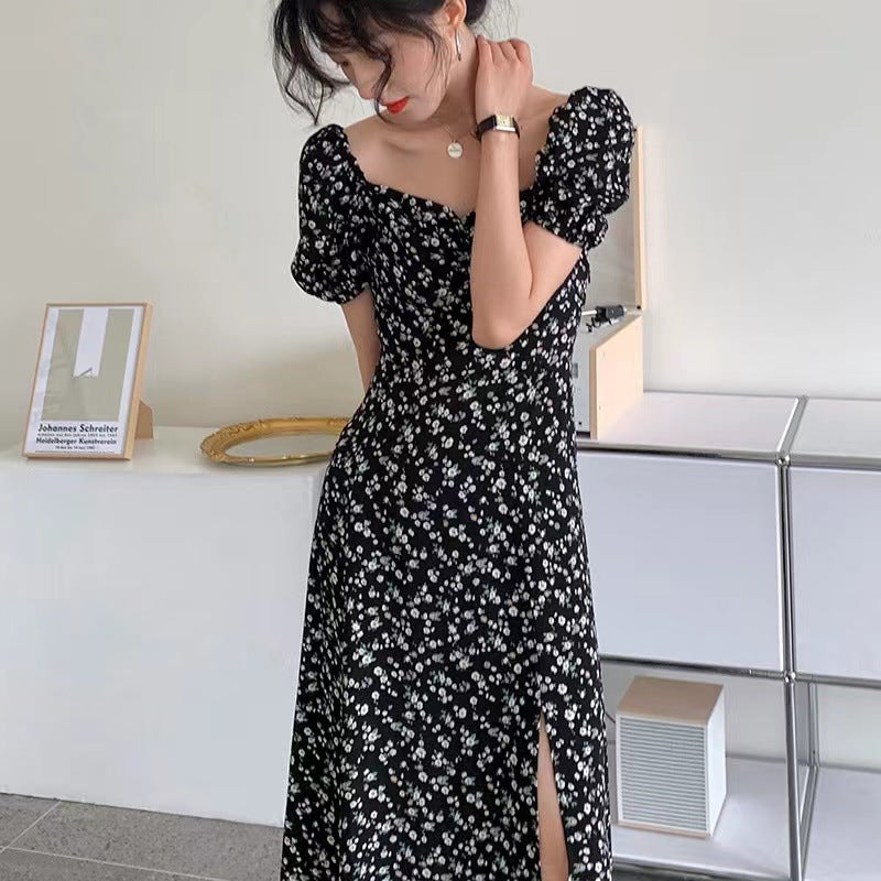 French Floral Dress Women's Summer Collar Bubble Sleeve Open Forked Waist Temperament Tea Break Long Skirt