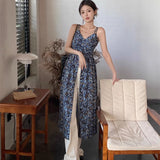 French Fraged V-Neck Dresses Women's Summer Sweet Spice Girl Vintage Temperament Open Fork Dress
