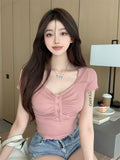 Sweet And Spicy Style Sexy Breast-Collar Short-Sleeved T-Shirt Women's Summer Design Folds Slimming Short Top