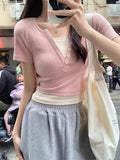 2026 Summer New Simple Pure Lust Fresh Sweet V Collar Two Short-Sleeved T-Shirt Ribs Tudy Ester