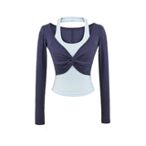 Hottie Wind Hanging Neck Color Fake Two Long-Sleeved T-Shirt Girl Design Tight Sex Sexy Bottom Short Top