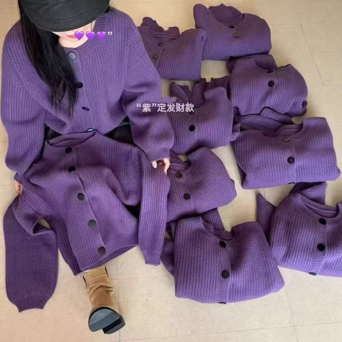 KANING Purple Thin Round Collar Knitted Cardigan 2026 Autumn And Winter New Loose Lazy Wind Solid Color Sweater Jacket
