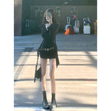 Spring Pure Lust Wind Hanging Neck Neck Long Sleeve Dress With Belt Slim Thin Ass Short Skirt