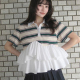 Multiplication Large Quantities Of Summer New Striped Splicing Stand-Up Women's Cotton Short-Sleeved Shirt Clip Cotton Top