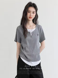 The New Korean Wearing A Casual Short-Sleeved T-Shirt U-Necked Two-Set Set Splicing Design Ribs Women's Summer Top
