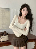 Human Cotton Autumn Sexy Pure Lust U Collar Long-Sleeved T-Shirt Irregular Short Top Girl Slime Bottom Shirt