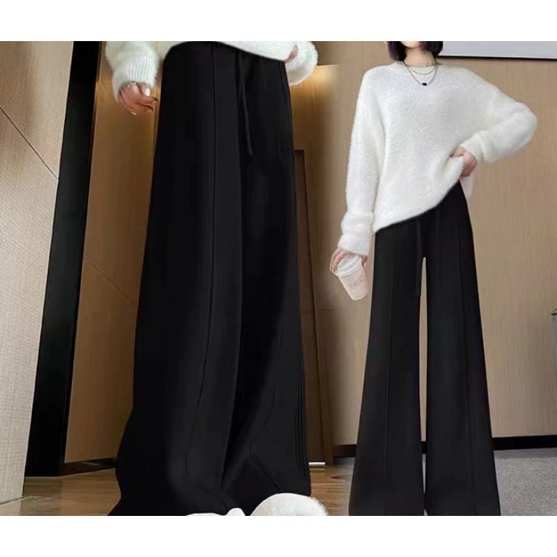 KANING Tight Waist Knitted Broad Leg Pants Women 2026 Autumn New High-Waist Design Feeling Solid Color Knitted Wool Trousers