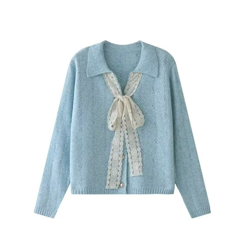 Kaning French V-Neck Bow Tie With Collar Knitted Shirt 2026 Autumn Dress Korean Wearing Lazy Wind Sweater