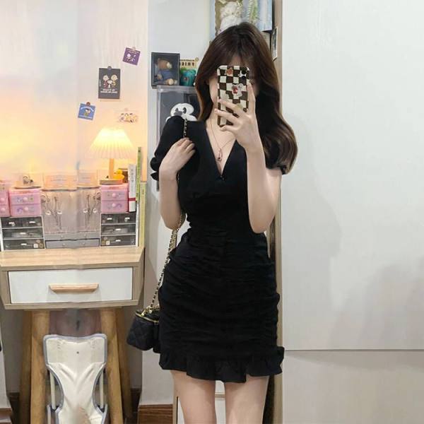 2025 Bubble Sleeve Dress Women's Summer Niche Unique Design High-End Fishtail Skirt Han
