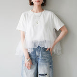 Multiplication A Large Number Of Light Retro Mesh Splicing T-Shirt Women Round Collar Three-Dimensional Design Commuting Level Sense On The Sense Of The Level