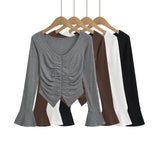 V-Necked Women's Niche Hottie Double Zipper Wrinkle Folded T-Shirt Pure Desire To Hit The Bottom Of The Top Horn Sleeve
