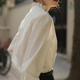 White Shirt Women 2026 Spring New Design Sense Of Small Single Buckle Wooden Ear Tie Shirt