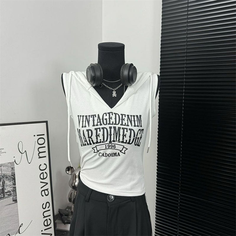 Fashionish Letter-Print Hooded Vest Women's Summer New Hottie Design With A Short Top