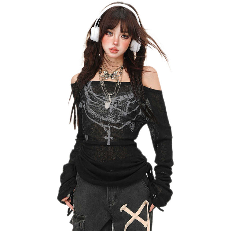 Fashion Thin Design Sense Shoulder Long-Sleeved T-Shirts Summer New Sweet Slim Thin Long Top