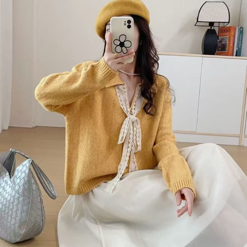 Kaning French V-Neck Bow Tie With Collar Knitted Shirt 2026 Autumn Dress Korean Wearing Lazy Wind Sweater