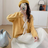 Kaning French V-Neck Bow Tie With Collar Knitted Shirt 2026 Autumn Dress Korean Wearing Lazy Wind Sweater