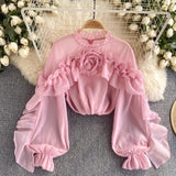 Design Sense Of Irregular Lotus Leaf Side Mesh Shirt Women Spring Autumn Folded Small Group To Repair Chic Top Tide