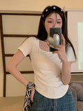 2026 Summer New Pure Windy U Collar Hottie Top Slimming Irregular Short-Sleeved T-Shirt Girl Ins