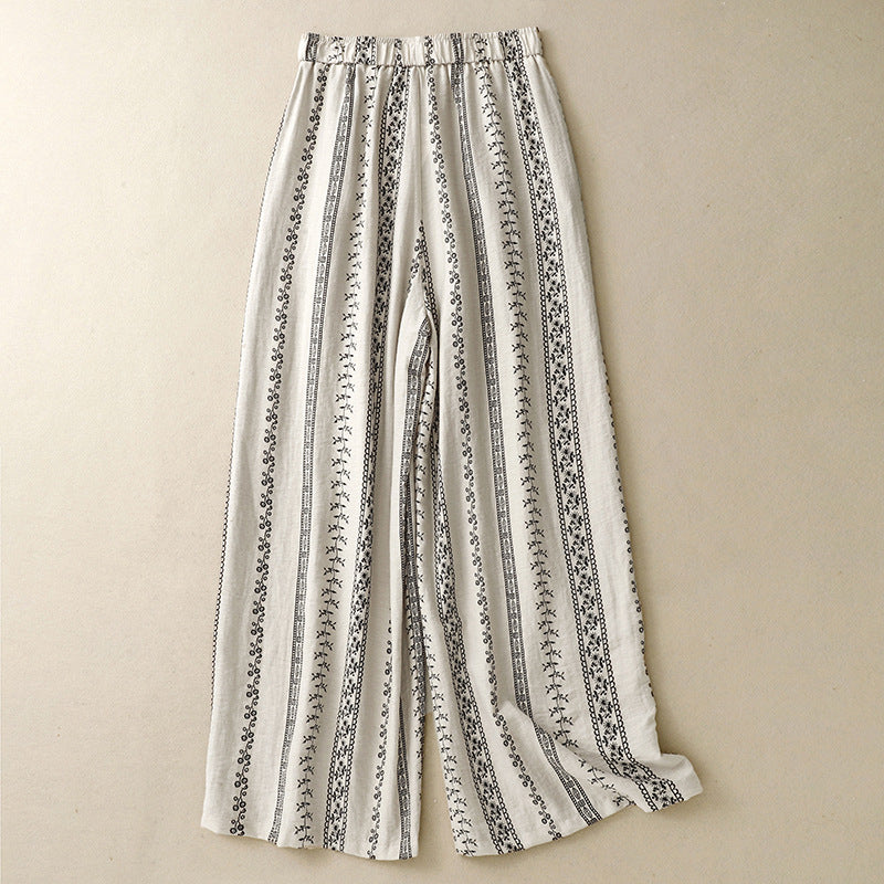 In The Summer Of 2025, The New Printed Cotton And Hemp Literature And Art Relaxed Leisurely Broad Leg Pants Women