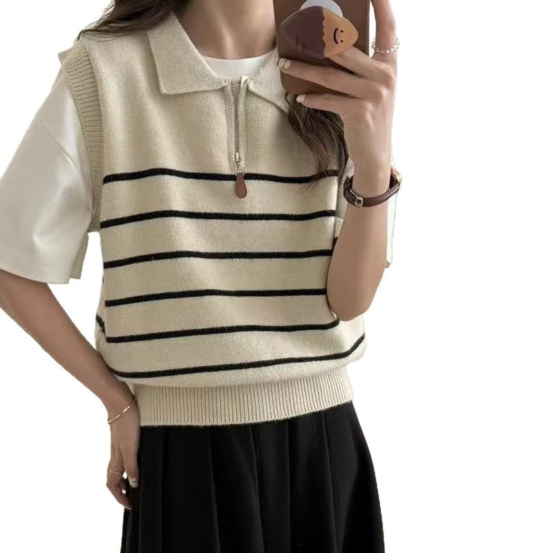 KANING Striped Collar Half Zipper Knitted Vest Women 2026 Autumn New Simple Folded Knitted Vest Women