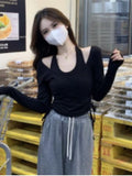 Purely Sexual Sexy Two-Piece Korean Version Of The New Personality Hanging Neck Long-Sleeved T-Shirt Women In Chic Bottom Shirt Top