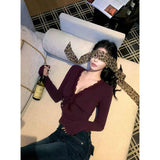 Sexy Purple V-Neck Spliced Shoulder Long-Sleeved T-Shirt For Women's New Winter Hottie Set-Up