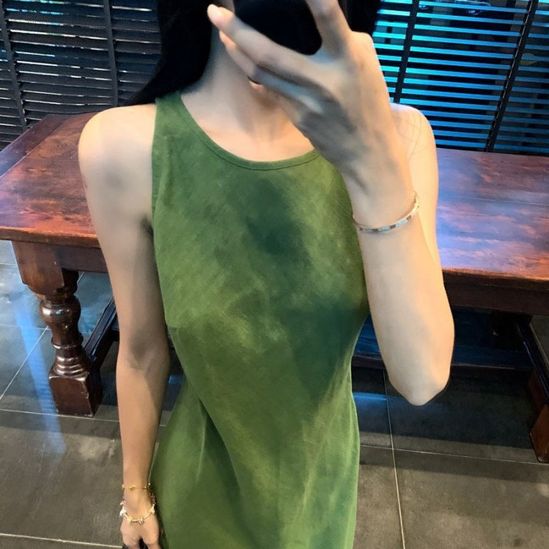 2025 Holiday Style Retro Green Vest Dress Women's Summer Waist Is Thin And Chic Niche Dress