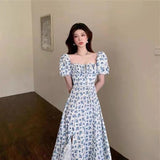 Blue Floral Dress Women's New Long Open Fork Dress Temperament Design Tea Break French Dress