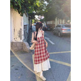 French Red Fake Two-Piece Tender Lace Dress Women Summer Seaside Holiday Temperament Long Dress