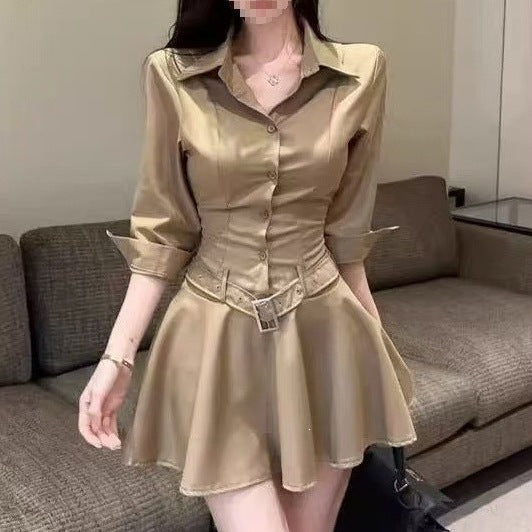 Temperament Half-Button Polo Collar Shirt Dress Women Autumn Waist Thin A Short Skirt