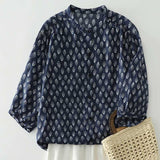 Vintage Real Shooting With The Wind Literary And Artistic Small Broken Flower Print Top Summer High Quality Five-Sleeved Shirt Woman