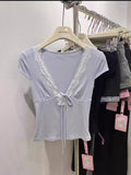 Sexy Lace Lace With Deep V-Neck Short-Sleeved T-Shirt For Girls Summer New Hottie Wind Ups Thin Short Top