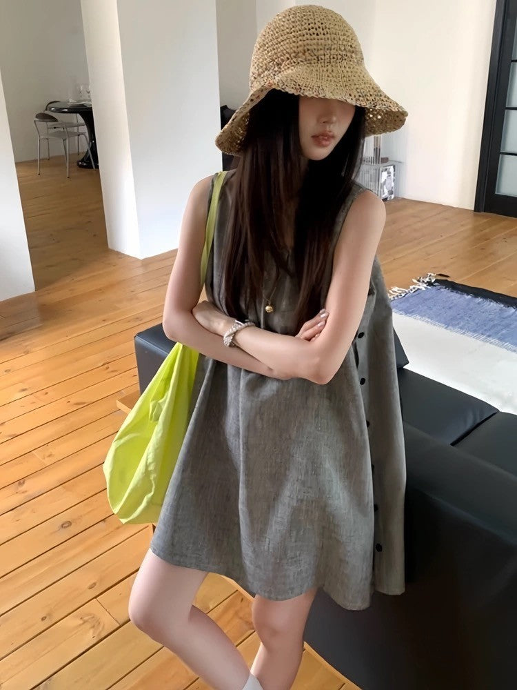 Small Design Side Button Vest Dress Women Summer Leisure Sleeveless A Short Skirt Small